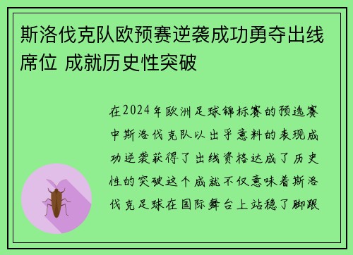 斯洛伐克队欧预赛逆袭成功勇夺出线席位 成就历史性突破